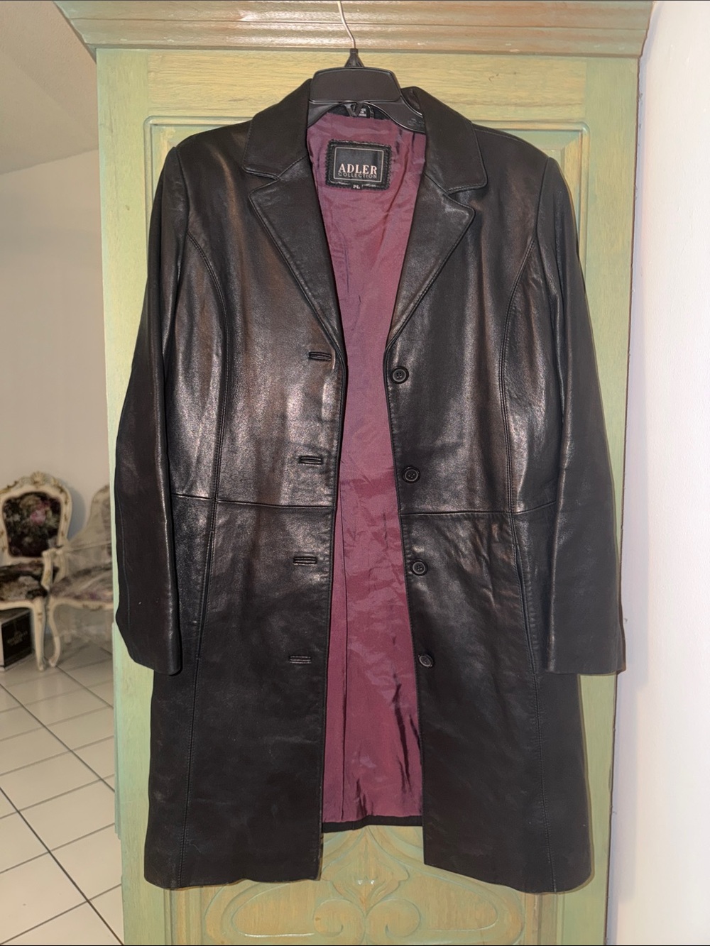 Adler Black Leather Trench Coat with Burgundy Lining